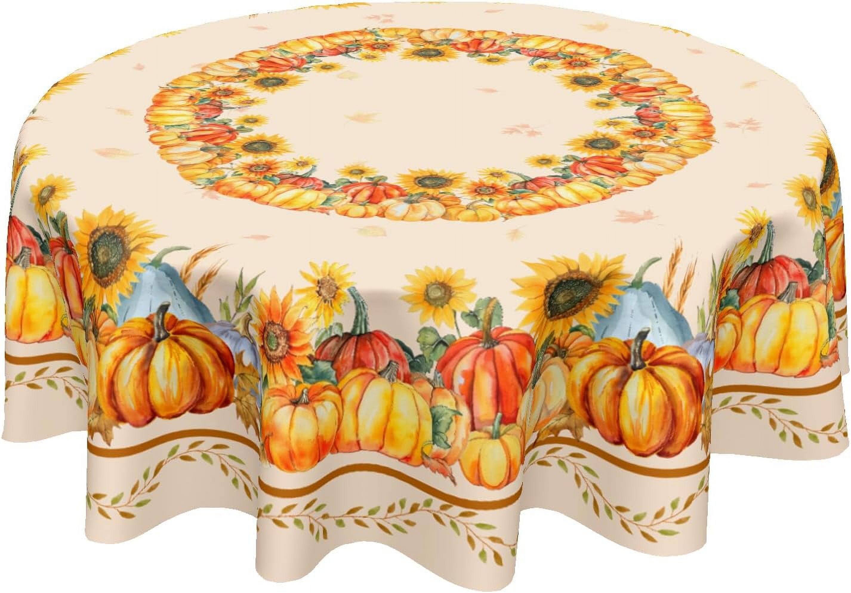Fall Tablecloth Round 60 Inch Autumn Harvest Pumpkin Table Cloth Farmhouse Sunflower Maple Leaves Thanksgiving Table Cover Decorative for Home Kitchen Dining Outdoor Party Picnic Home Decor