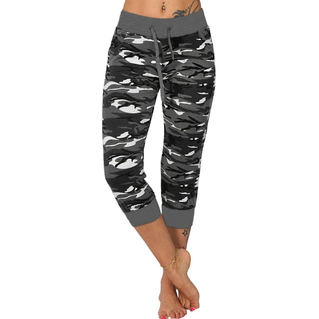 Innerwin Sport Trousers Drawstring Ladies Bottoms Running Elastic Waist Breathable Capri Pants Gray XXL