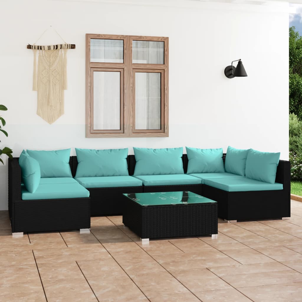 vidaXL 7 Piece Garden Lounge Set with Cushions Poly Rattan Black