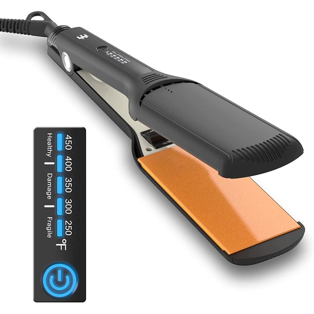 LAICAIW 2.20" Hair Straightener, a hair styling tool with extra wide ceramic-coated floating panel, adjustable temperature settings from 250°F to 450°F, and 30-second fast heating. Ideal for thick, naturally curly hair, featuring ergonomic design, dual voltage compatibility, and a 360° swivel cord for convenient use.