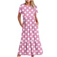 thumbnail image 1 of Tumotour Robe d'Été pour Femmes, Imprimée, Ample, Décontractée, à Manches Courtes, Col Ras du Cou, Ligne A, Évasée, Fluide, à Étages, Chemise, Maxi, Plage, Longue, 2025, Tenues Tendance avec Poches, 1 of 4