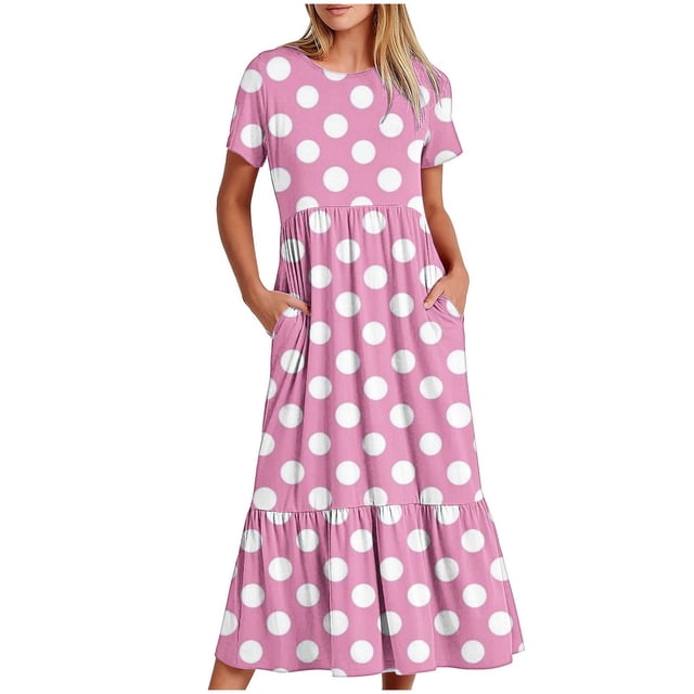Tumotour Robe d'Été pour Femmes, Imprimée, Ample, Décontractée, à Manches Courtes, Col Ras du Cou, Ligne A, Évasée, Fluide, à Étages, Chemise, Maxi, Plage, Longue, 2025, Tenues Tendance avec Poches