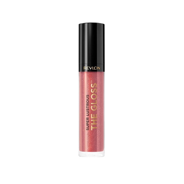 Revlon Super Lustrous™ The Gloss lip gloss in a clear tube with black cap, showing a shimmering pink shade that provides glossy colour, hydration, and multidimensional shine with a lightweight, moisturizing formula.