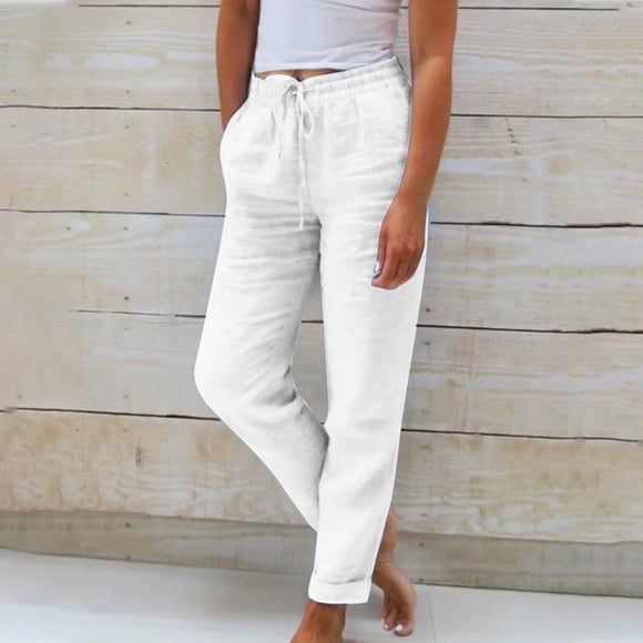 LOVZFMLL Women's Pants, Spring Solid Color Elastic Waist Linen Versatile Straight Leg Casual Wide Leg Pants White, L