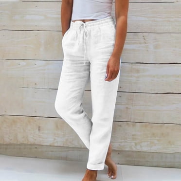 LOVZFMLL Women's Pants, Spring Solid Color Elastic Waist Linen Versatile Straight Leg Casual Wide Leg Pants White, L