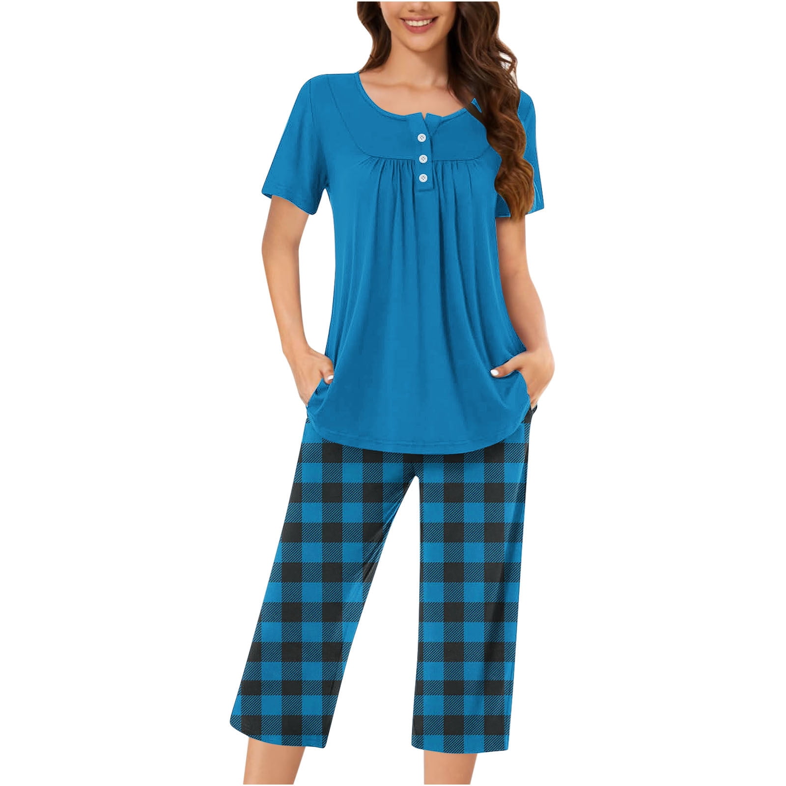 Timegard Womens Pajamas Sets Lounge Short Sleeve Pleated Top Checkered Capri Pants with Pockets Pjs Outfits