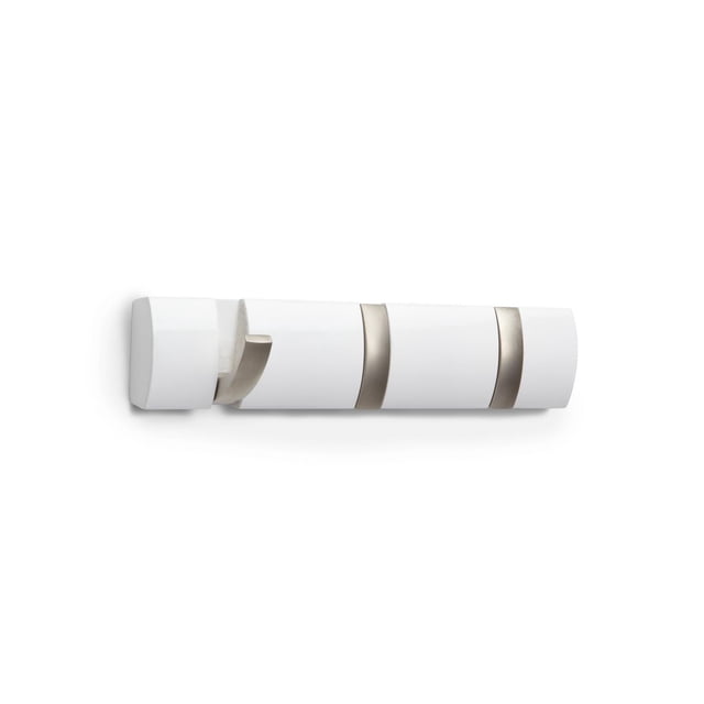 Umbra Flip Wall Mounted Hook in white with three brushed metal retractable hooks, designed for wall mounting to save space in entryways or closets, suitable for hanging coats, scarves, and bags.