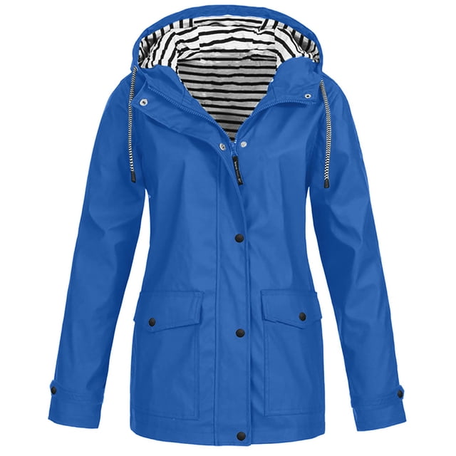 Women Solid Rain Jacket Outdoor Plus Size Waterproof Hooded Raincoat Windproof
