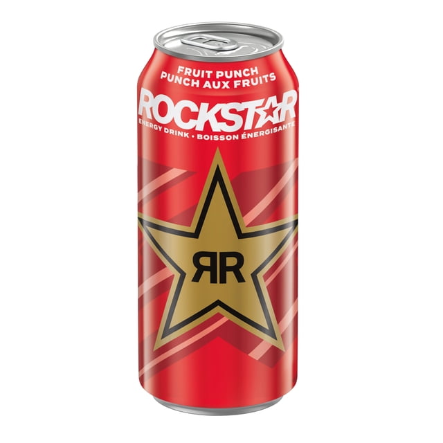 Rockstar Punched Fruit Punch Energy Drink 473 mL can with red background and large gold star logo, featuring white bilingual text. Contains caffeine for a bold fruit punch flavor and energizing boost, suitable for active lifestyles.