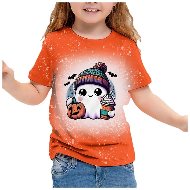 GDREDA Mignon Halloween T-Shirt à Manches Courtes Imprimé pour Filles Haut Décontracté à Col Rond pour les Festivités d'Automne Rouge,10-11 Ans