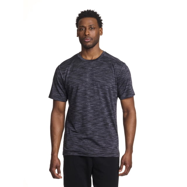 Reebok Men's Stride Performance Short Sleeve Tee in dark space-dye mesh fabric, shown front-facing on a male model. The athletic crew neck shirt is lightweight, breathable, moisture-wicking, and fitted at the upper torso with a relaxed midsection for comfort during workouts.