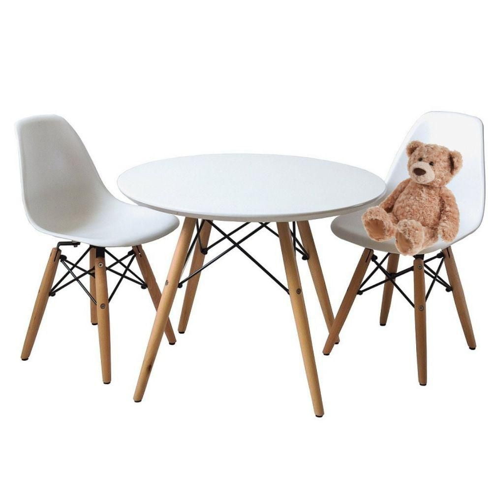 Poste de travail pour enfants – Ensemble table et 2 chaises pour enfants avec pieds en bois naturel, sièges blancs et plateau de table blanc, meubles élégants et fonctionnels pour salles de jeux et es