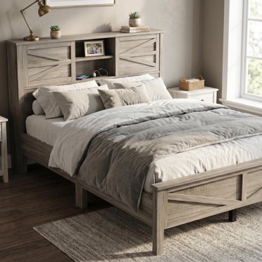 Ensemble chambre 3 pièces Homy Casa, lit plateforme avec tête de lit rangement et USB, table de nuit, commode, gris vintage, style ferme moderne