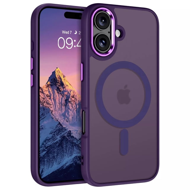 PST iPhone 16 Plus Case, Hybrid Silicone Matte Back Cover with Magnetic (MagSafe Compatible). A semi-transparent purple case with a matte finish, featuring precise cutouts for buttons and camera, and a built-in magnetic ring for MagSafe compatibility, enabling faster wireless charging. Designed for military-grade drop protection and anti-fingerprint surface.