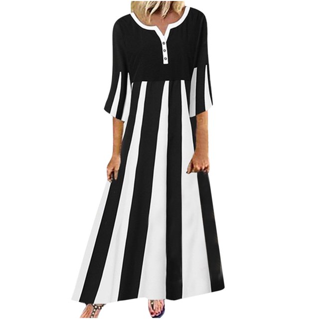EQWLJWE Robes d'Été pour Femmes 2023 Mode d'Été pour Femmes Décontractée à Rayures Imprimées Manches Mi-Longues Robe Midi Ample