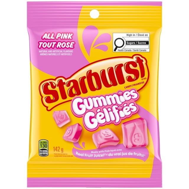 STARBURST All Pink Valentine’s Fruit Gummy Candy sharing bag, 142g, yellow and pink packaging with pink square-shaped gummies embossed with letters, made with real fruit juice, labeled high in sugars by Health Canada, suitable for sharing or snacking.