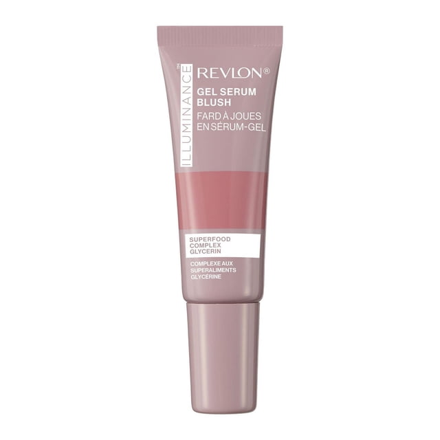 Revlon Illuminance™ Gel Serum Blush in a mauve-pink squeeze tube with white text, featuring a gel serum formula with Superfood Complex and Glycerin for hydration and a dewy finish, delivering sheer, plumping cheek color with a healthy glow and easy blending.