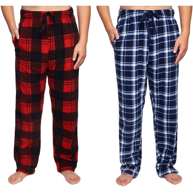 Men's 2-Pack Ultra Comfy Fit Micro Fleece Pajama Pants featuring two pairs of lounge pants. One pair is red and black plaid, and the other is navy blue and white plaid. Both pants have an elastic waistband with a drawstring for adjustable comfort, made from soft and lightweight micro fleece material.