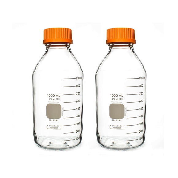 Pyrex Bouteille Ronde de Rangement pour Médias avec Bouchon à Vis GL45 - Bouteilles en Verre Borosilicaté avec Bouchons - Verrerie Scientifique de Qualité Supérieure pour Laboratoires, Salles de Classe Ou Usage Domestique Con en Verre