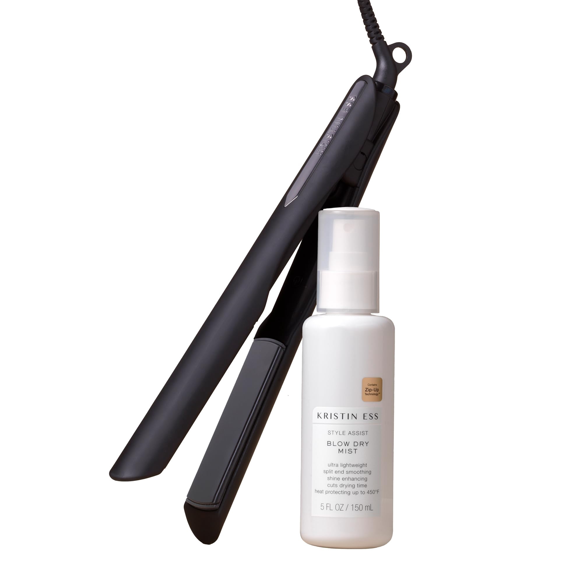 Kristin Ess Hair Nanoblack 3-in-1 Curling Flat Iron Straightener + Style Assist Heat Protectant Spray - 1 1/4 Inch Salon Professional Ceramic Hot Tool - Hair Straight