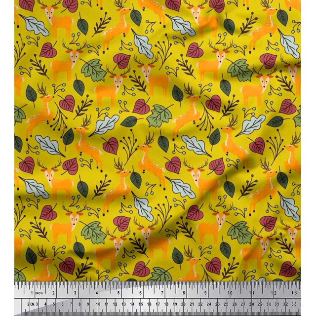 Soimoi Poly Georgette Fabric Leaves & Reindeer Animal Fabric Prints by Yard 42 Inch Wide