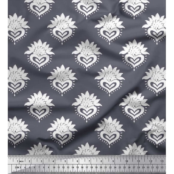 Soimoi Japan Crepe Satin Fabric Floral Block Printed Fabric 1 Yard 42 Inch Wide