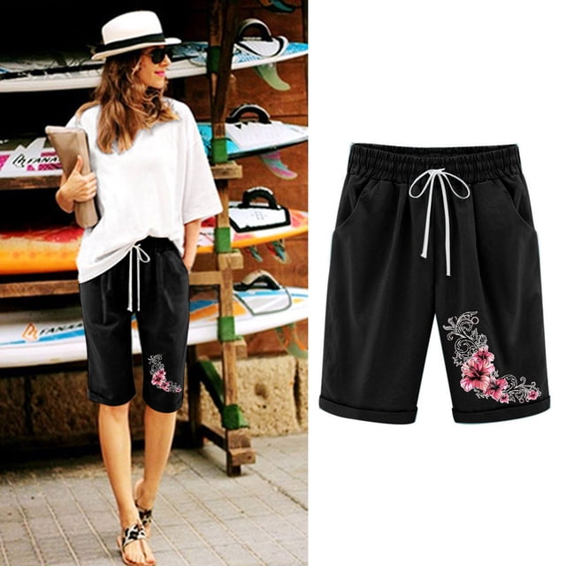 LOVZFMLL Women's Elastic Waist Printing Drawstring Shorts Black S
