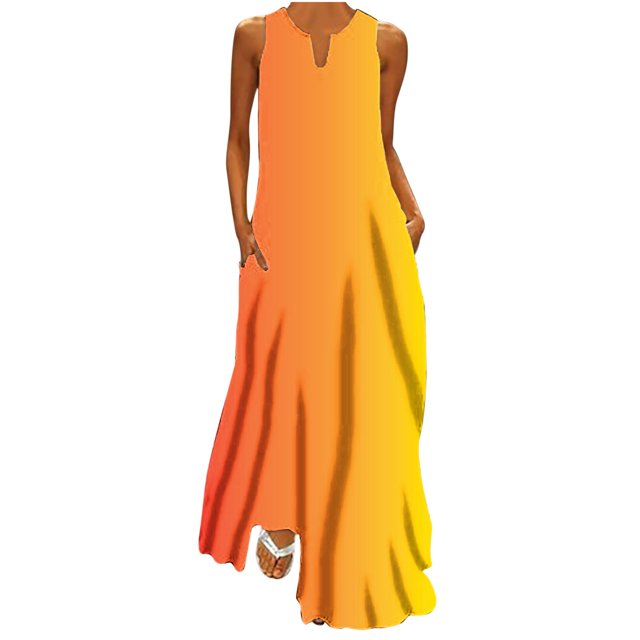 EQWLJWE Longue Robe pour Femmes Femmes Décontractée Ample Imprimée Robe Débardeur Plage Col en V avec Poche Robe d'Été Sans Manches Robes