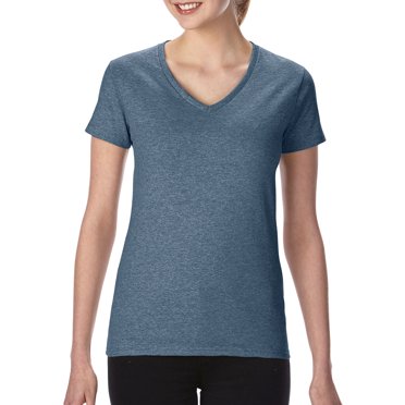 T-Shirt à Col en V pour Femmes en Coton Épais, m, Bleu Marine Chiné
