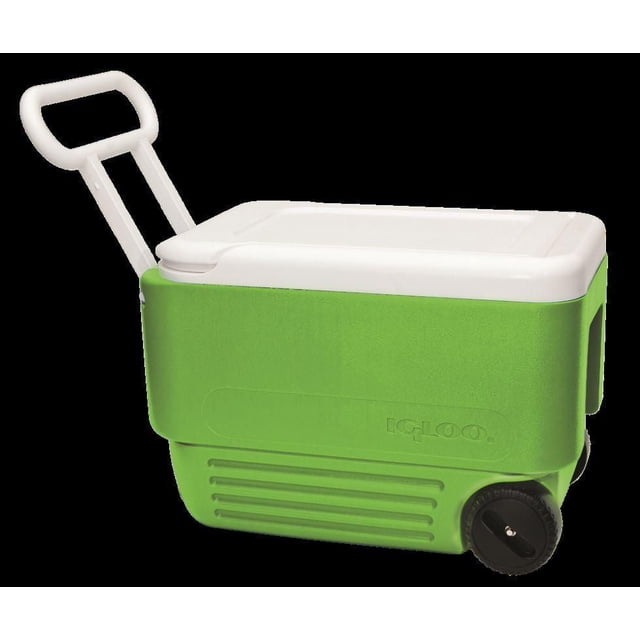 Igloo Wheelie Cool™ 38 Quart Cooler in green with white lid, featuring durable black wheels and a white tow handle for easy transport, molded side handles for lifting, 53 can capacity and 36 liters volume, suitable for camping and outdoor recreation.