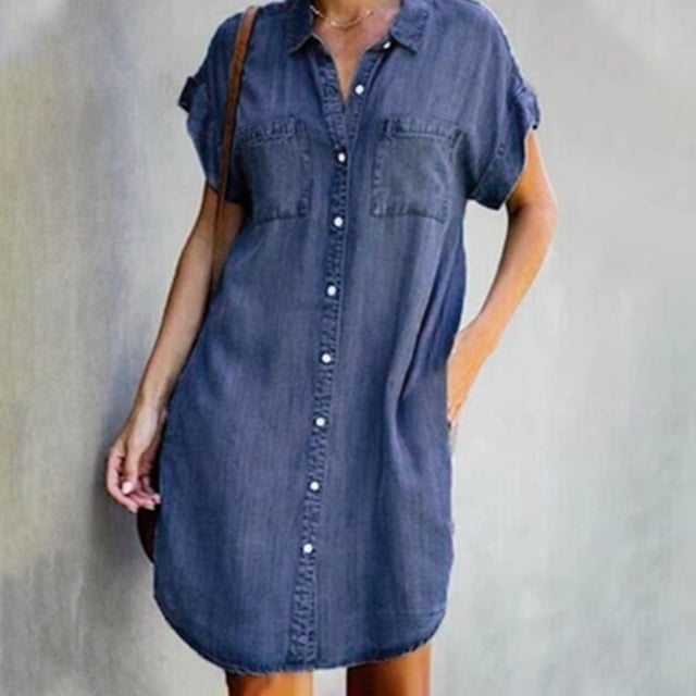 TIMIFIS Robe-Chemise en Denim pour Femmes à Manches Courtes, Robe en Jean Usée, Boutonnée, Tunique Décontractée