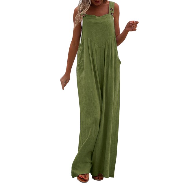 TrendOFT Womens Casual Summer Jumpsuit Loose Spaghetti Strap Solid Button Pocket Rompers For Women One Piece Overalls Army Green S