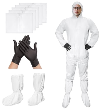 ETERNA Combinaisons de Protection Jetables - Lot de 5 Combinaisons de Protection avec Couvre-Chaussures pour Hommes et Femmes, Combinaisons de Protection PE et PPSB Qui Protègent de la Saleté, de la Poussière, de la Peinture (Grand)