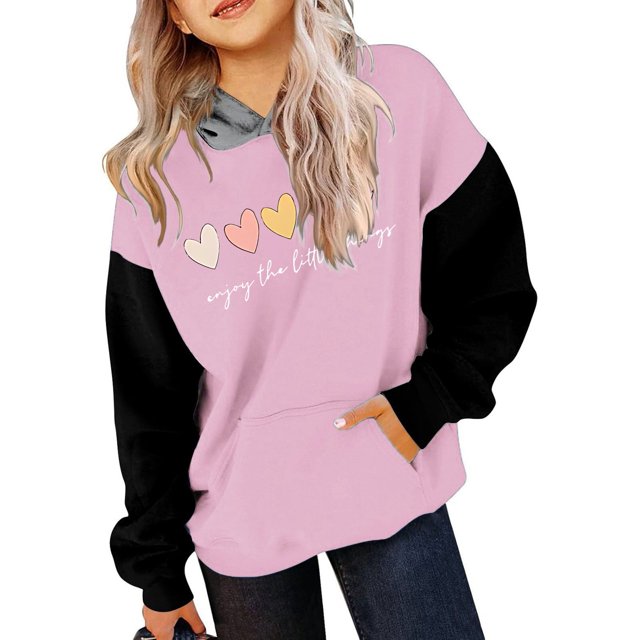 FAOWME Child Long Sleeve Color Matching Printed Letters Hooded Sweatshirts Pullover Tops Pink 11-12 Years