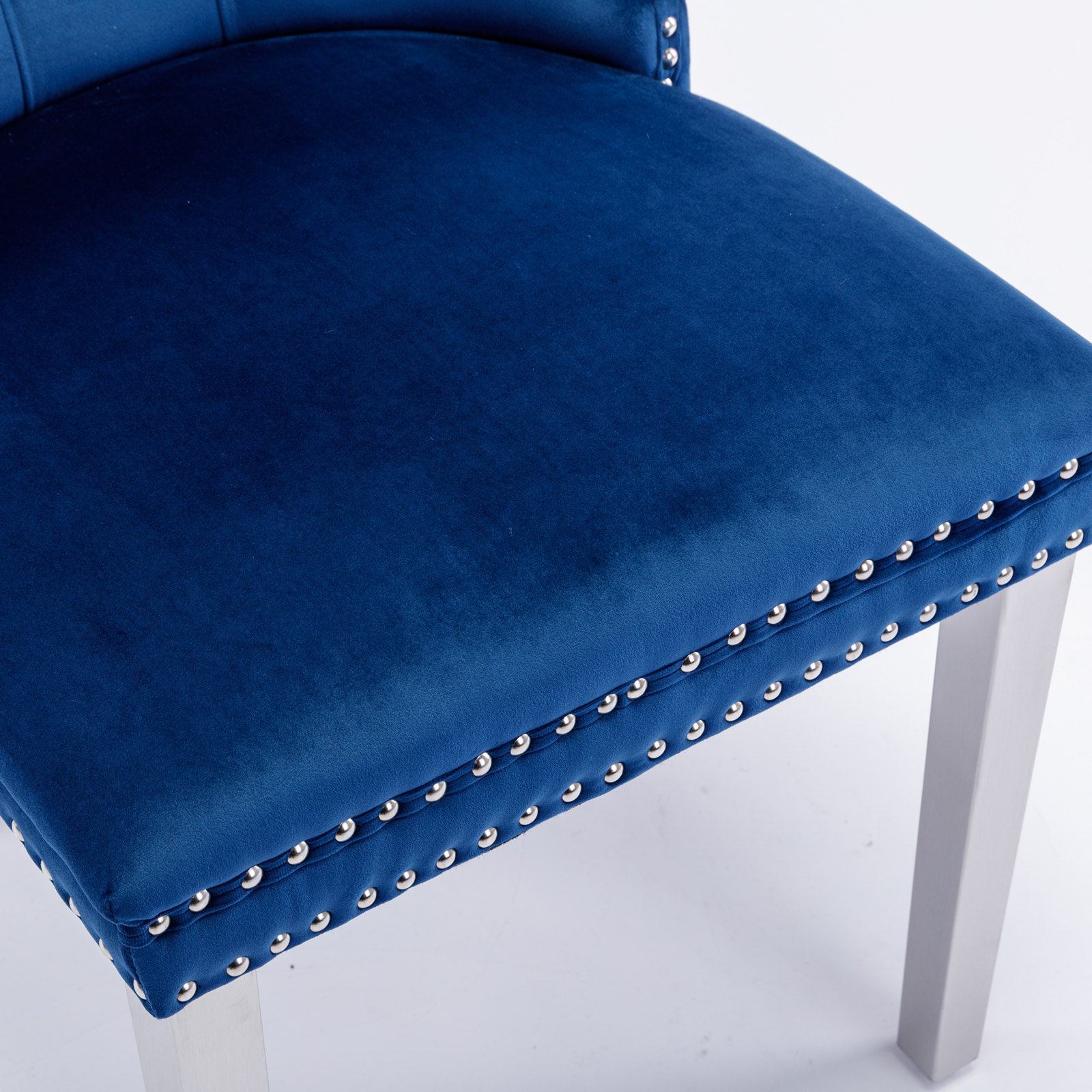 Noble House Velvet Upholstered Dining Chair Set of 2,Tufted with Siller Plated Legs & Nailhead Trim,Blue + Chrome