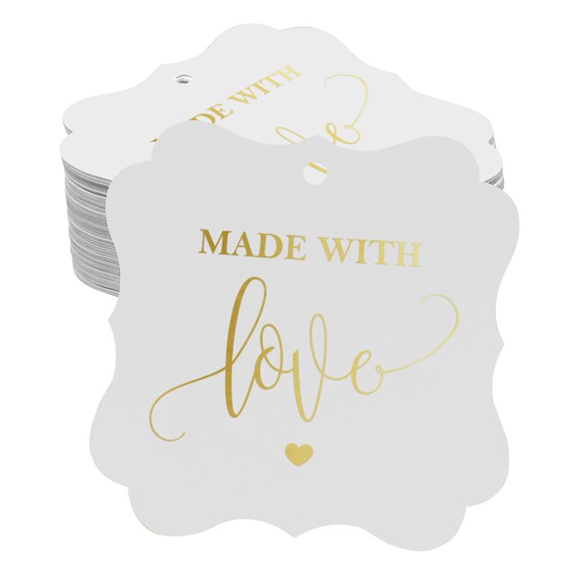 Inkdotpot Pack Of 100 Made With Love Wedding Paper Tags DIY Craft Bracket Shape Real Gold Foil Hang Tags