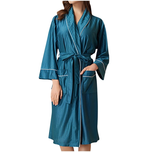 Timegard Womens Bathrobe V Neck Long Sleeve Belted Waist Robes Lightweight Solid Color Comfy Mid Length Loungewear