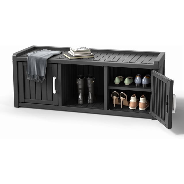 FICARTS Banc de Rangement Moderne pour Chaussures et Chapeaux, Armoire, Étanche, 2 Portes, Tablettes Ajustables, Noir