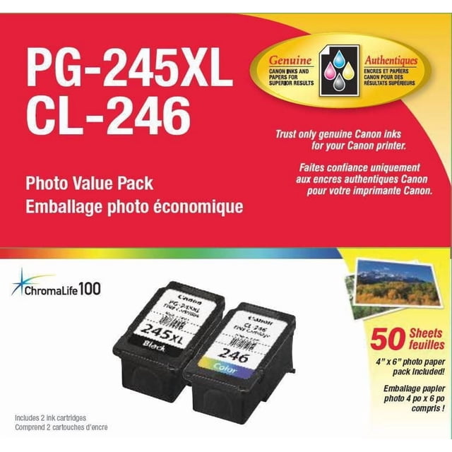 Canon PG-245XL and CL-246 50 Sheet Photo Paper Value Pack with two ink cartridges labeled 245XL black and 246 color, featuring genuine Canon inks and including 50 sheets of 4x6 inch photo paper, suitable for printing crisp, smudge-resistant photos with Canon PIXMA printers.