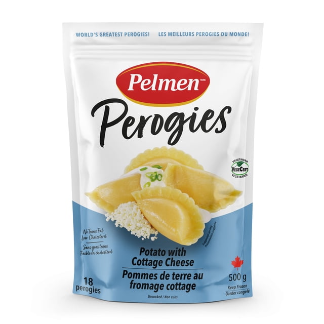 Pelmen Potato with Cottage Cheese Perogies, 500g bag with 18 uncooked perogies made from smooth dough filled with creamy potato and cottage cheese, shown on white and blue resealable packaging featuring vegetarian certification and a Canadian maple leaf, suitable for quick, easy meals in Italian and European food.