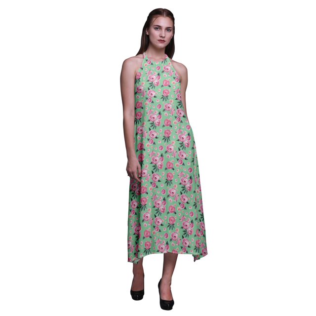 Bimba Floral Causal Long Backless Halter NeckDressWomen Printed BeachDress-Large