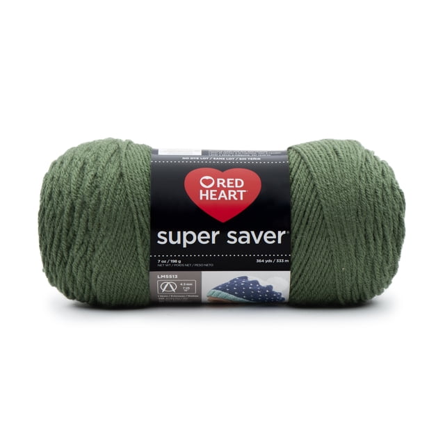 Red Heart® Super Saver® Yarn, Solid, Acrylic #4 Medium, 7oz/198g, 364 Yards in olive green, a durable worsted weight acrylic yarn skein with a black label featuring the Red Heart logo and knitting gauge, machine washable and suitable for knitting, crochet, and crafting projects.