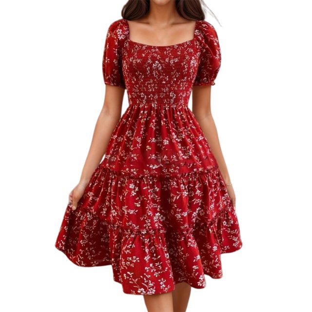 Robes d'Été Florales Décontractées Fête Col en V Manches Courtes Taille Enveloppante Volants avec Poches Robe de Printemps Rouge S