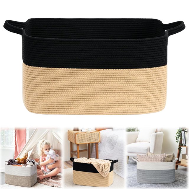 Woven Storage Basket 50L Small Laundry Baskets Blanket Hamper Living Room Rectangle Rope Baskets For Toy With Handles