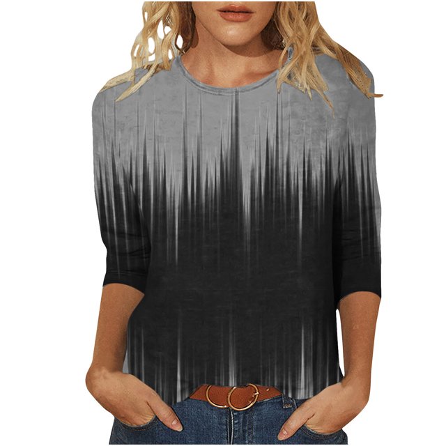 Hauts pour Femmes Décontractés Imprimés à Col Rond T-Shirt à Manches 3/4 Haut Ample, Hauts à Manches 3/4 pour Femmes, Hauts Décontractés pour Femmes, T-Shirts pour Femmes