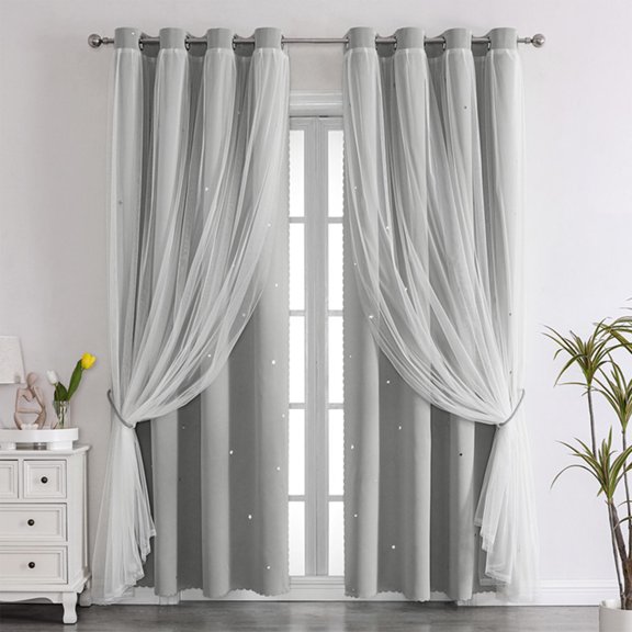 Ovzne Double Layer Star Lace Blackout Curtains 2-in-1 Sheer Thermal Insulated Window Drapes For Bedroom Living Room Gray