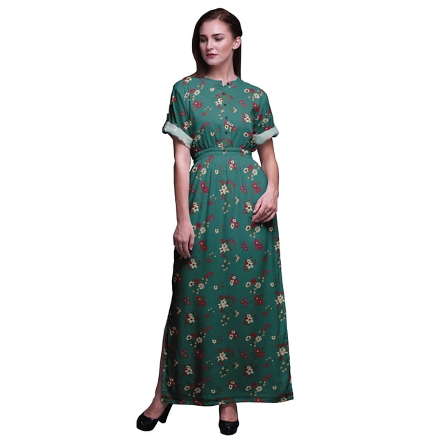 Bimba Robe Longue d'Été en Rayonne à Imprimé Floral Feuilles et Fleurs, Manches Kimono, Fente, Grande