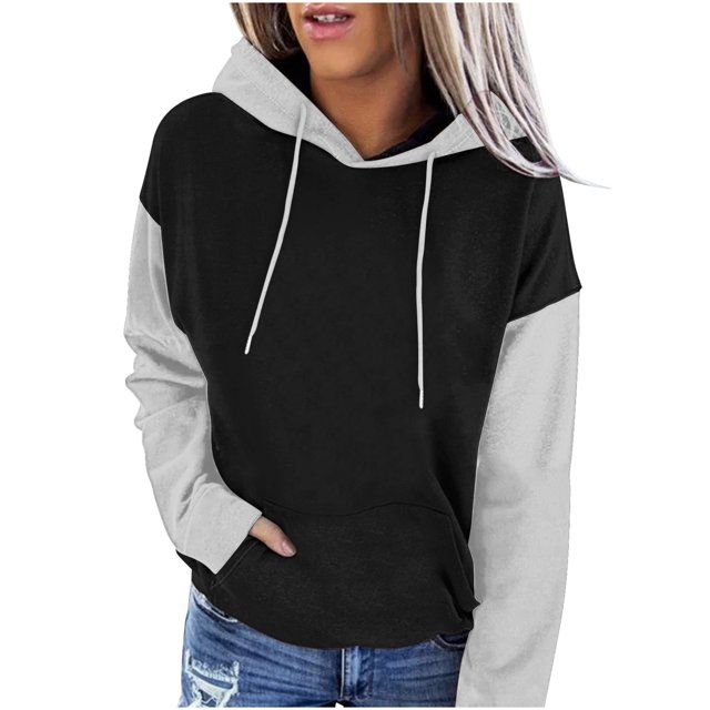 MeetoTime Women's Color Block Hoodie Fall Fleece Long Sleeve Crew Neck Oversized Hooded Sweatshirt Pullover Tops