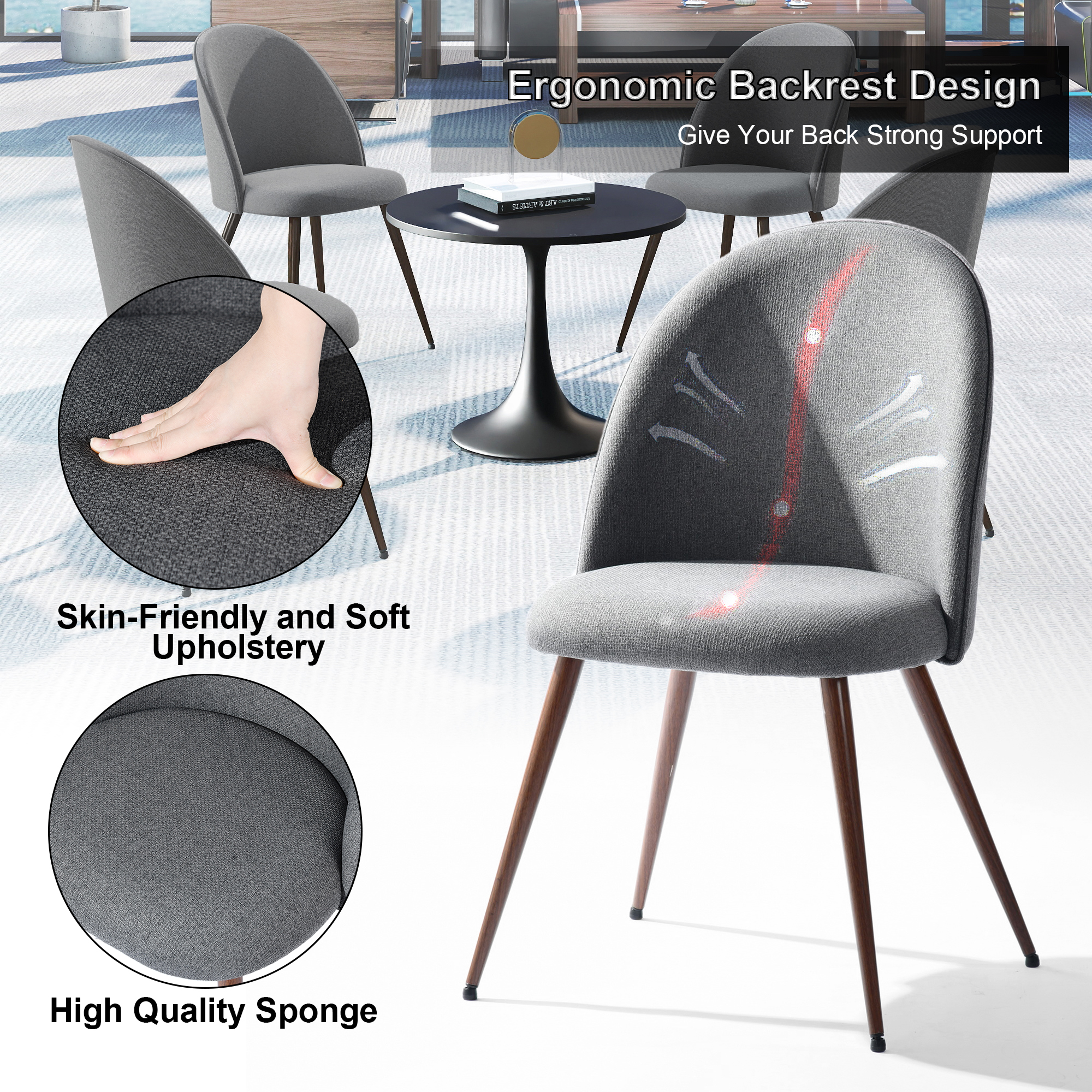 Lot de 2 chaises de salle à manger Homy Casa sans accoudoirs avec dossier incurvé et rembourré, tissu gris