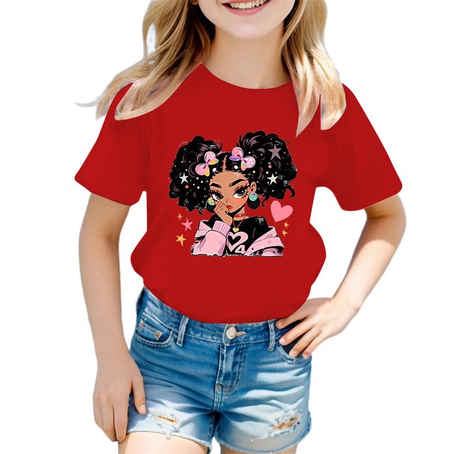 LUOGENLI T-Shirt pour Filles T-Shirt d'Été pour Filles à Col Rond Imprimé Dessin Animé Décontracté Ample à Manches Courtes T-Shirt Chandails de Pâques pour Filles 2025 Rouge 6-8 Ans